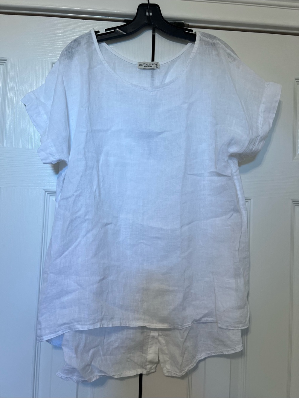 Terzo Millennio White 100% Linen Short-Sleeve Top with Button Detail size Large - Picture 1 of 9